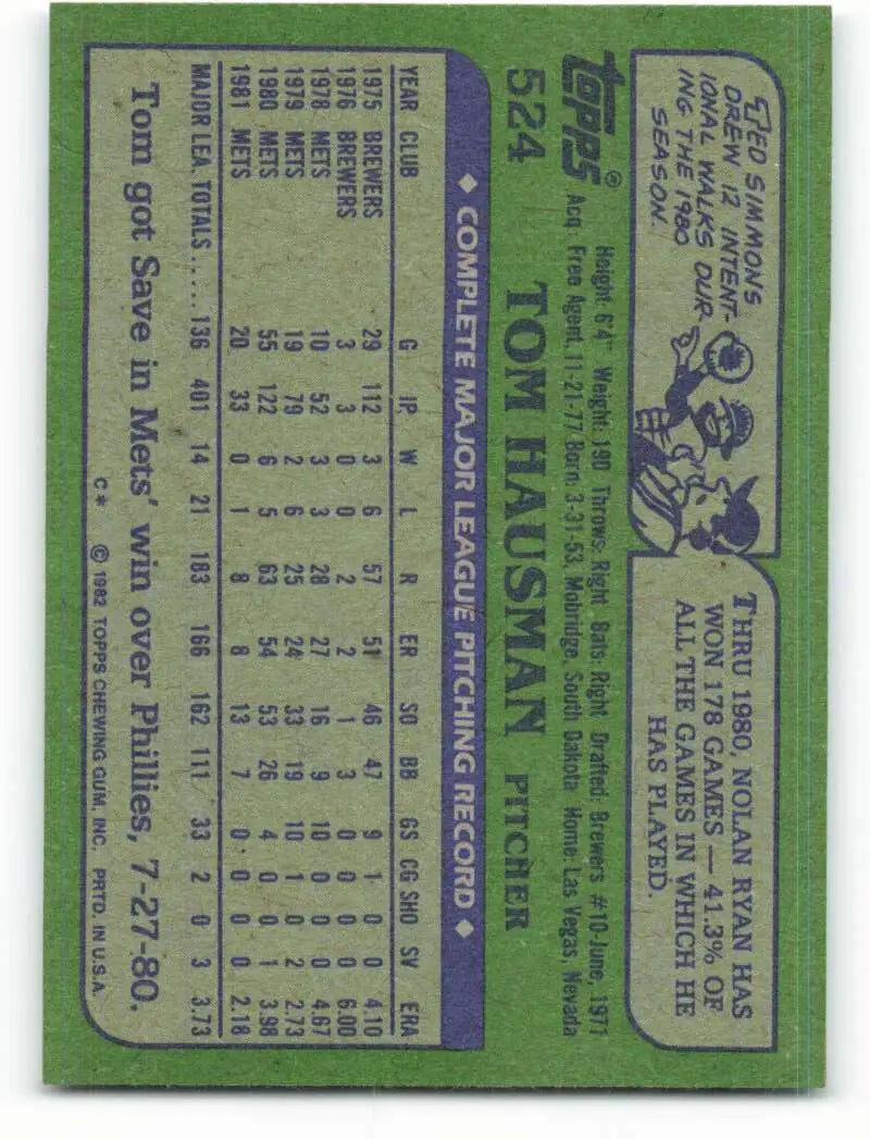 1982 Topps #524 Tom Hausman EX Excellent New York Mets Baseball Card - Baseball Card Single