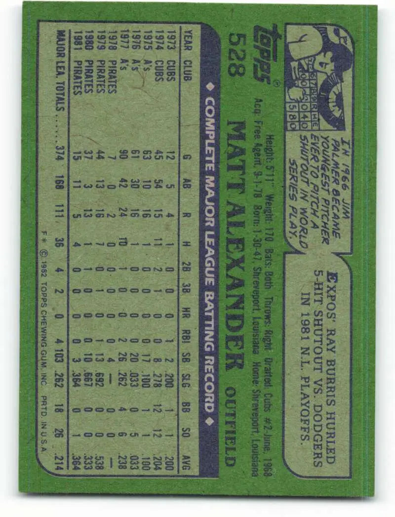 1982 Topps #528 Matt Alexander EX Excellent Pittsburgh Pirates Baseball Card - Baseball Card Single