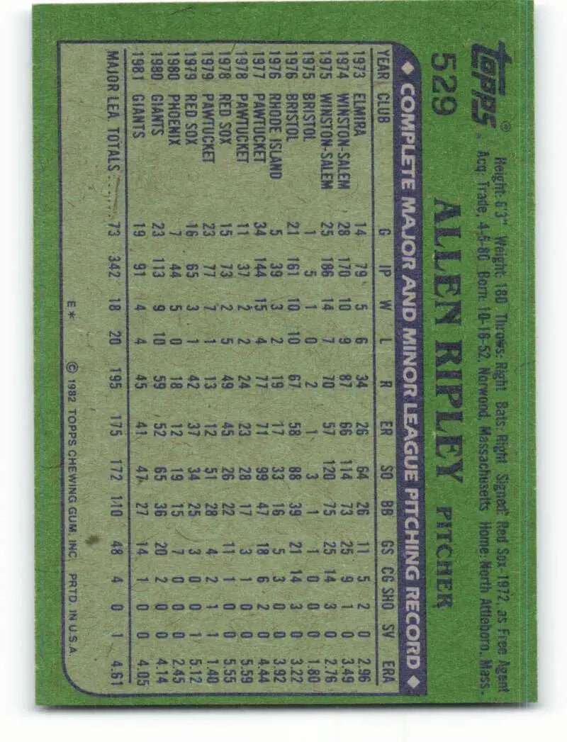 1982 Topps #529 Allen Ripley EX Excellent San Francisco Giants Baseball Card - Baseball Card Single