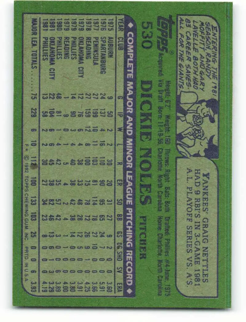 1982 Topps #530 Dickie Noles EX Excellent Philadelphia Phillies Baseball Card - Baseball Card Single