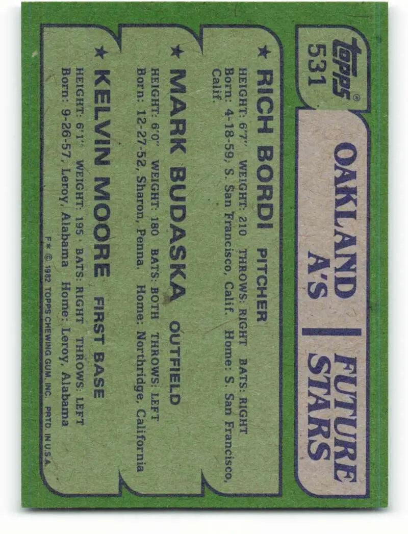 1982 Topps #531 Rich Bordi/Mark Budaska/Kelvin Moore EX Excellent RC Rookie Oakland Athletics Baseball Card - Baseball