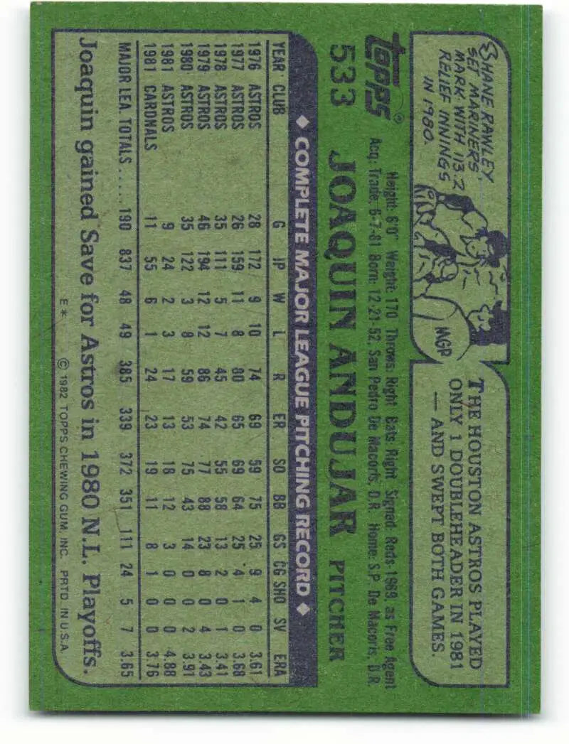 1982 Topps #533 Joaquin Andujar EX Excellent St. Louis Cardinals Baseball Card - Baseball Card Single