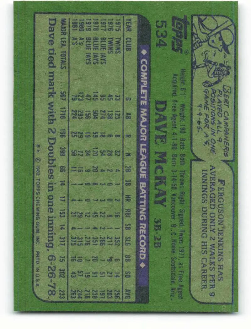 1982 Topps #534 Dave McKay EX Excellent Oakland Athletics Baseball Card - Baseball Card Single