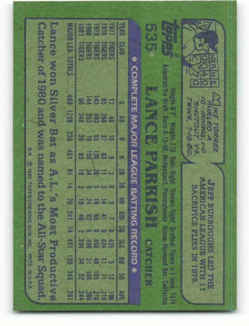 1982 Topps #535 Lance Parrish EX Excellent Detroit Tigers Baseball Card - Baseball Card Single