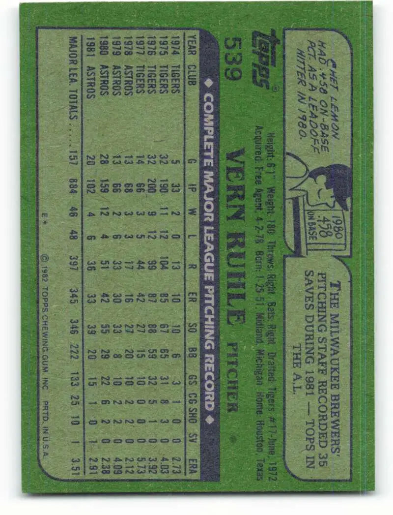 1982 Topps #539 Vern Ruhle EX Excellent Houston Astros Baseball Card - Baseball Card Single