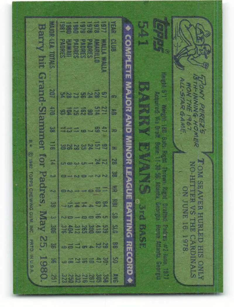 1982 Topps #541 Barry Evans EX Excellent San Diego Padres Baseball Card - Baseball Card Single