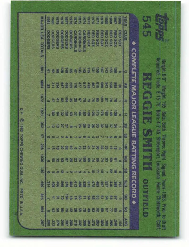 1982 Topps #545 Reggie Smith EX Excellent Los Angeles Dodgers Baseball Card - Baseball Card Single