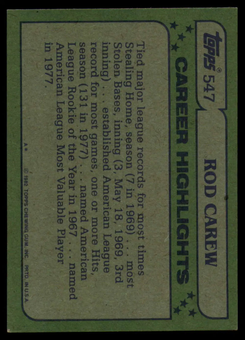 1982 Topps #547 Rod Carew EX Excellent California Angels Baseball Card - Baseball Card Single