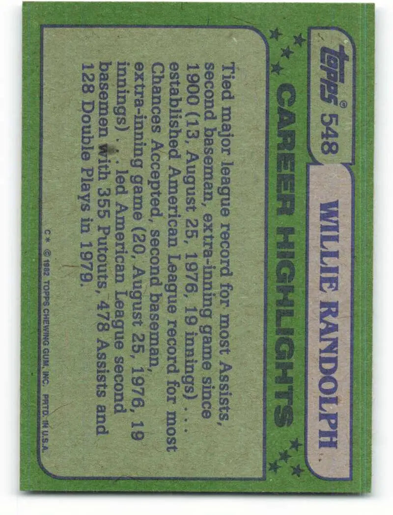 1982 Topps #548 Willie Randolph EX Excellent New York Yankees Baseball Card - Baseball Card Single