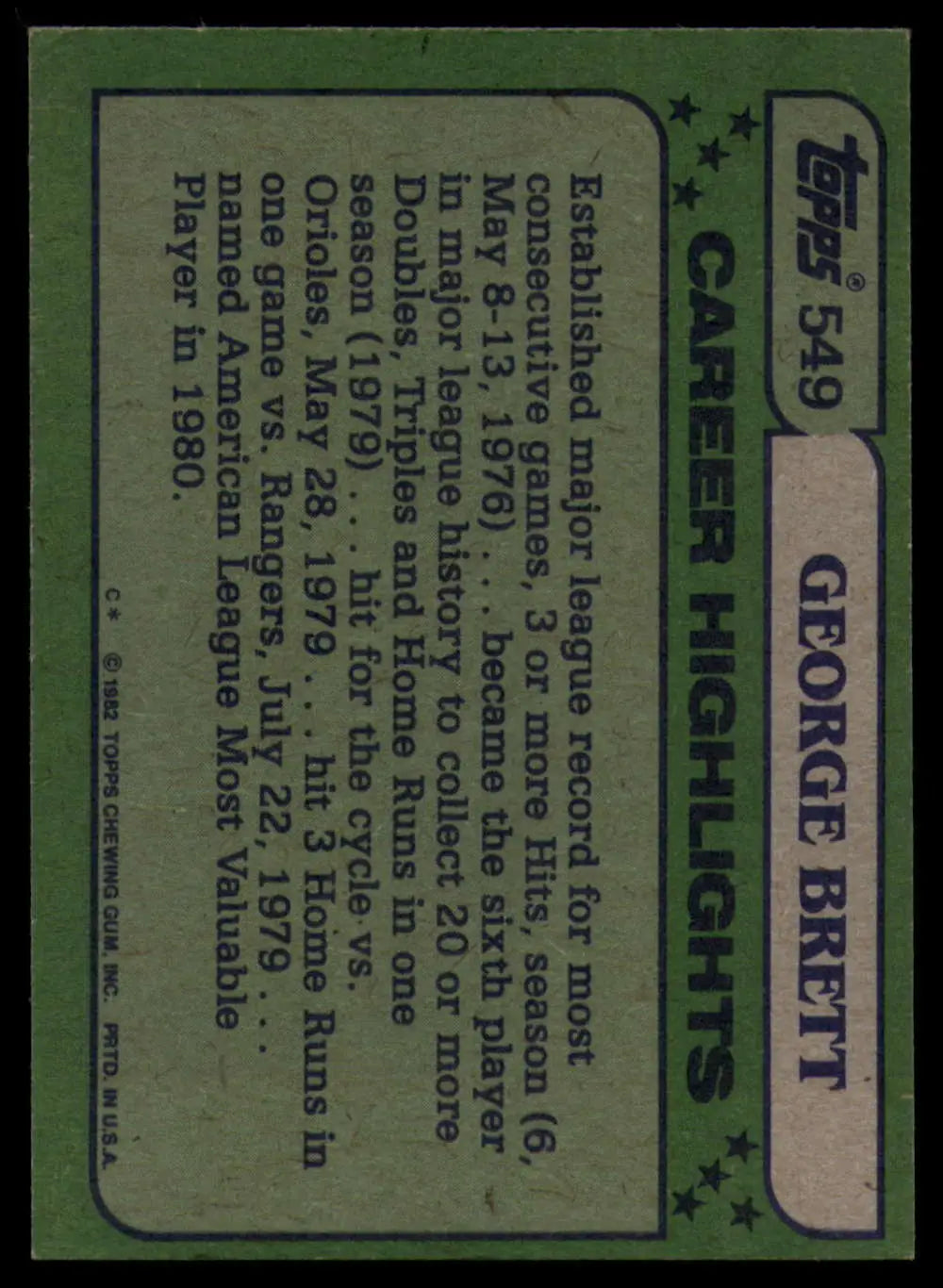 1982 Topps #549 George Brett EX Excellent Kansas City Royals Baseball Card - Baseball Card Single