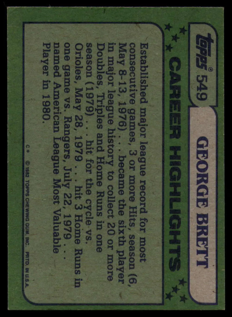 1982 Topps #549 George Brett EX Excellent Kansas City Royals Baseball Card - Baseball Card Single