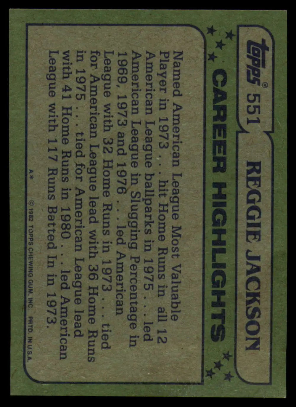 1982 Topps #551 Reggie Jackson EX Excellent New York Yankees Baseball Card - Baseball Card Single