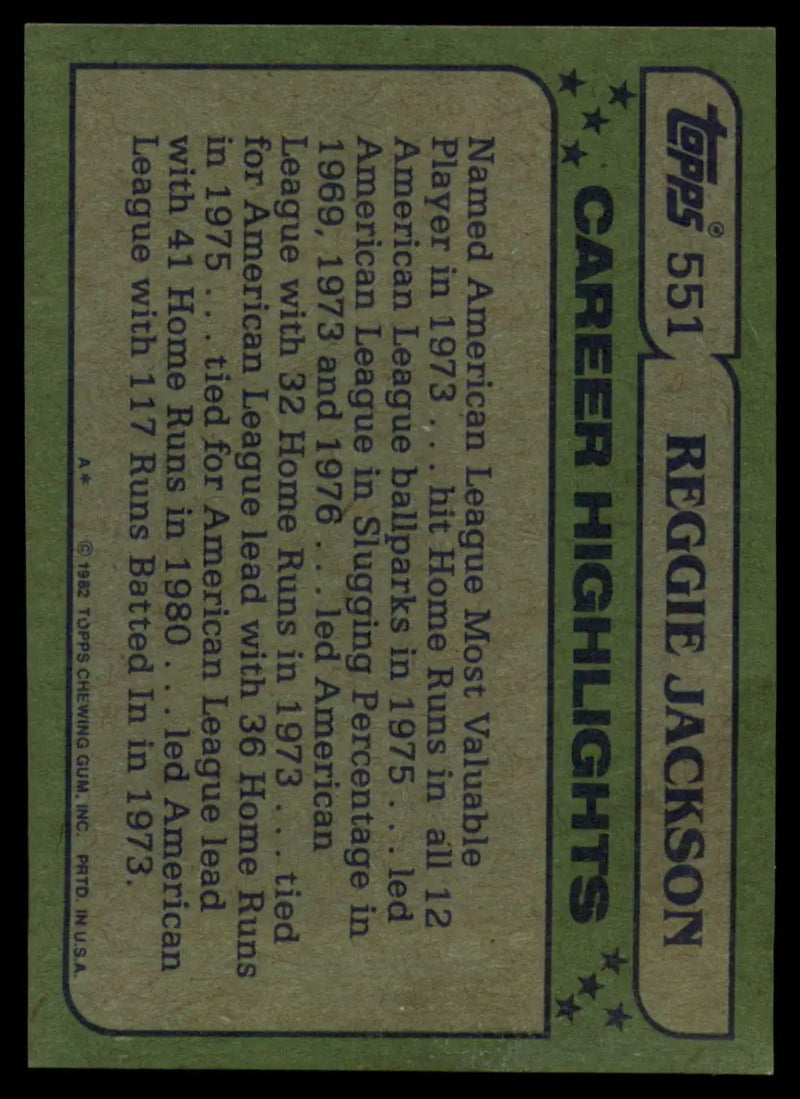 1982 Topps #551 Reggie Jackson EX Excellent New York Yankees Baseball Card - Baseball Card Single