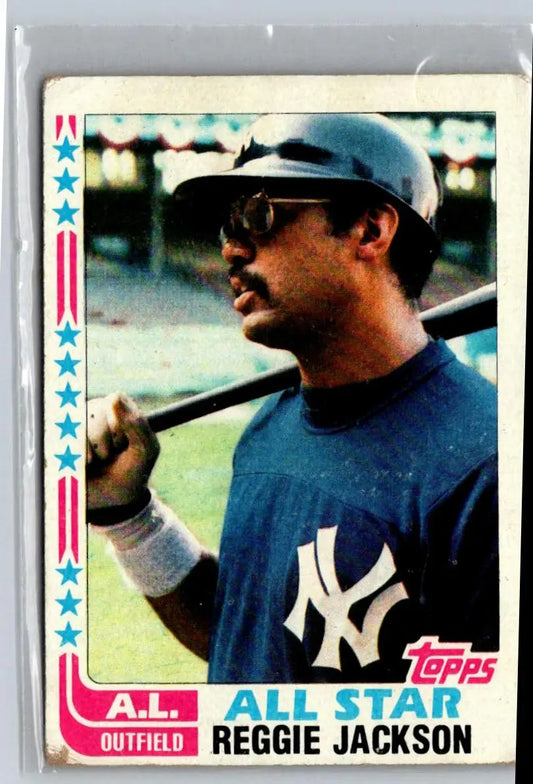 1982 Topps Reggie Jackson baseball card featuring legendary Reggie Jackson smiling