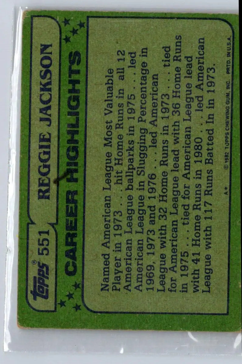 Reggie Jackson baseball card from 1982 Topps #551 featuring legendary player