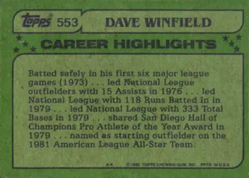 1982 Topps #553 Dave Winfield EX Excellent New York Yankees Baseball Card - Baseball Card Single