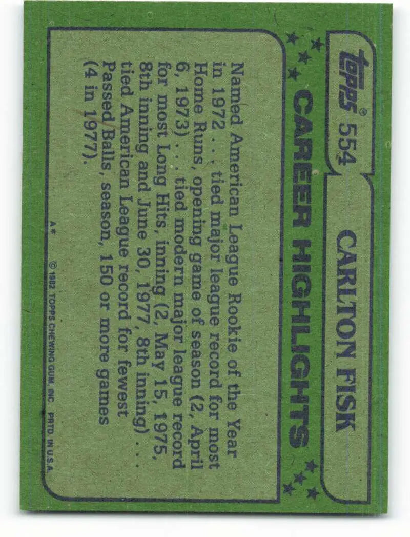 1982 Topps #554 Carlton Fisk EX Excellent Chicago White Sox Baseball Card - Baseball Card Single
