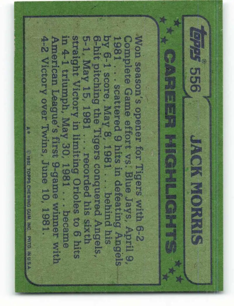 1982 Topps #556 Jack Morris EX Excellent Detroit Tigers Baseball Card - Baseball Card Single