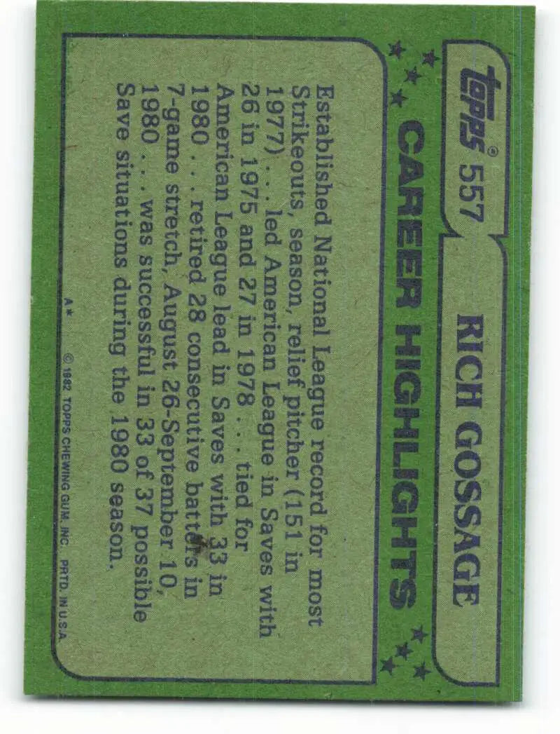 1982 Topps #557 Rich Gossage EX Excellent New York Yankees Baseball Card - Baseball Card Single