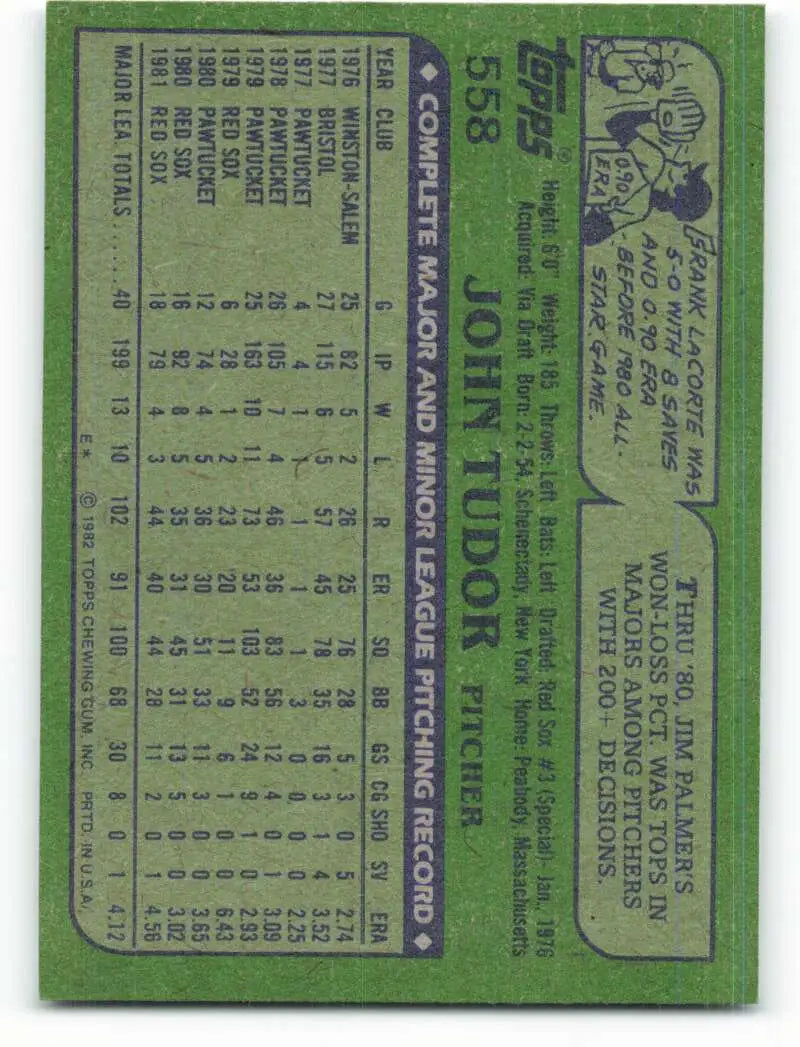 1982 Topps #558 John Tudor EX Excellent Boston Red Sox Baseball Card - Baseball Card Single