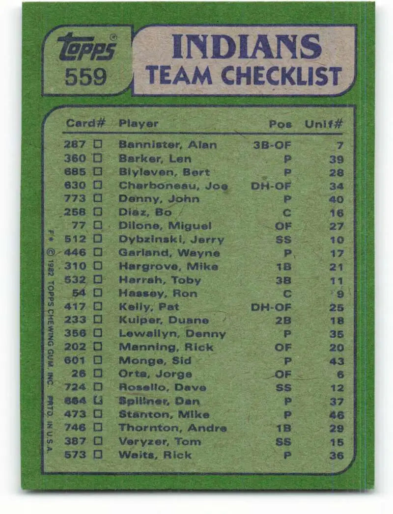 1982 Topps #559 Mike Hargrove/Bert Blyleven EX Excellent Cleveland Indians Baseball Card - Baseball Card Single