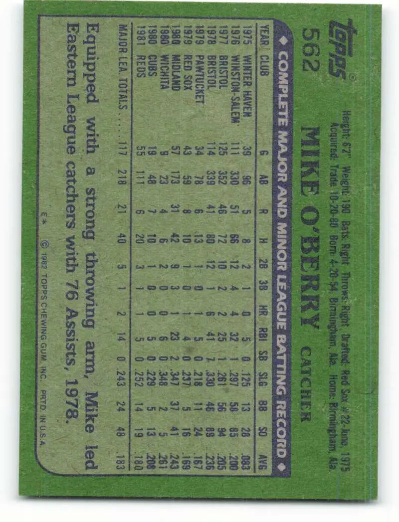 1982 Topps #562 Mike O’Berry EX Excellent Cincinnati Reds Baseball Card - Baseball Card Single