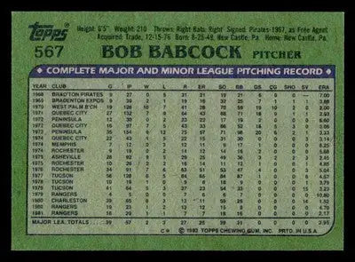 Baseball card of Bob Babcock with pitching stats from 1982 Topps #567 Texas Rangers