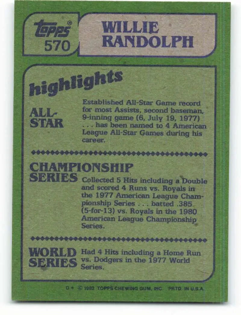 1982 Topps #570 Willie Randolph EX Excellent New York Yankees Baseball Card - Baseball Card Single