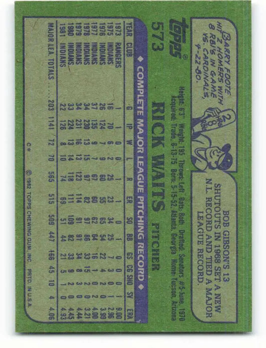 1982 Topps #573 Rick Waits EX Excellent Cleveland Indians Baseball Card - Baseball Card Single