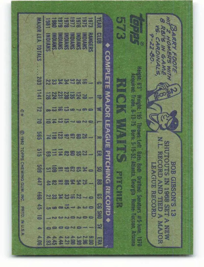 1982 Topps #573 Rick Waits EX Excellent Cleveland Indians Baseball Card - Baseball Card Single