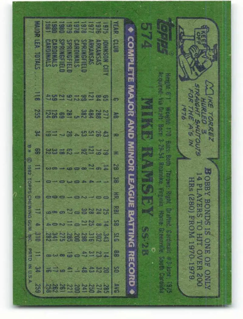 1982 Topps #574 Mike Ramsey EX Excellent St. Louis Cardinals Baseball Card - Baseball Card Single