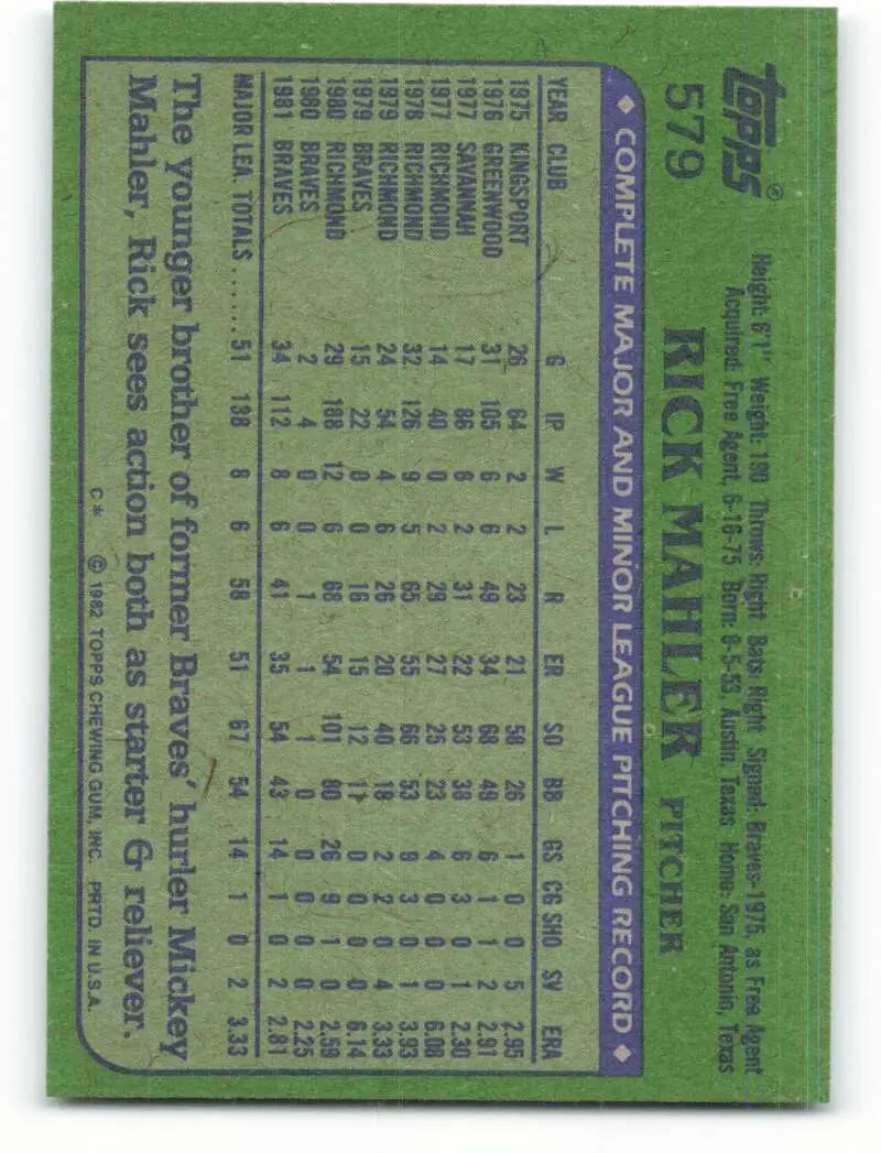 1982 Topps #579 Rick Mahler EX Excellent RC Rookie Atlanta Braves Baseball Card - Baseball Card Single