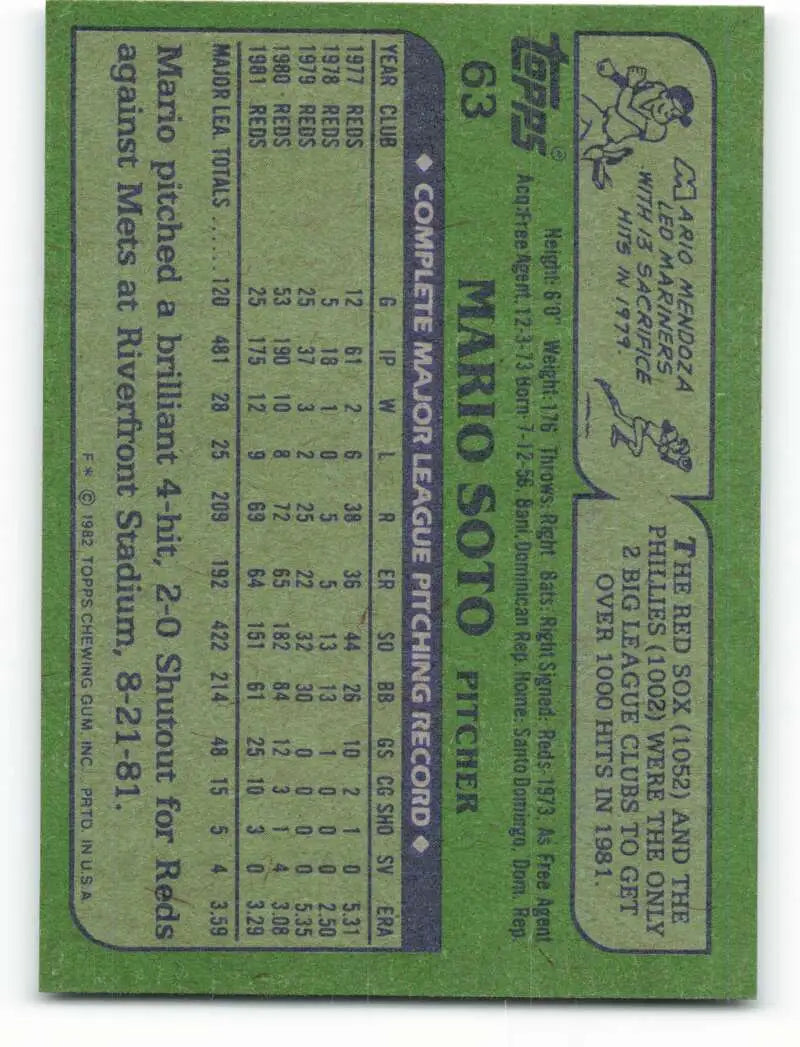 1982 Topps #63 Mario Soto EX Excellent Cincinnati Reds Baseball Card - Baseball Card Single