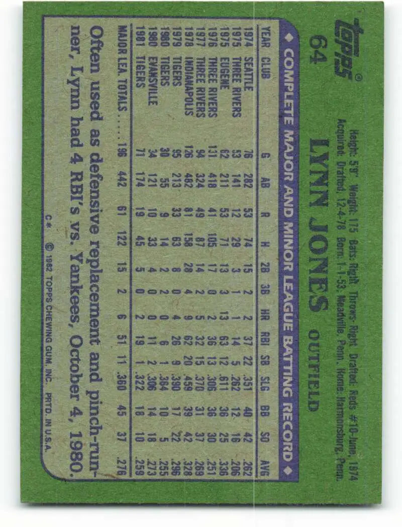 1982 Topps #64 Lynn Jones EX Excellent Detroit Tigers Baseball Card - Baseball Card Single