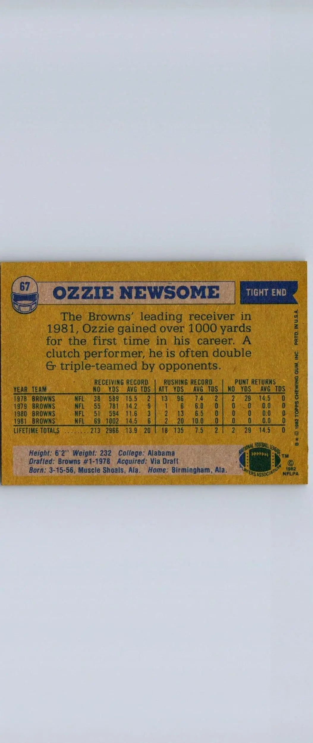 Ozzie Newsome trading card from the 1982 Topps #67 collection displayed prominently