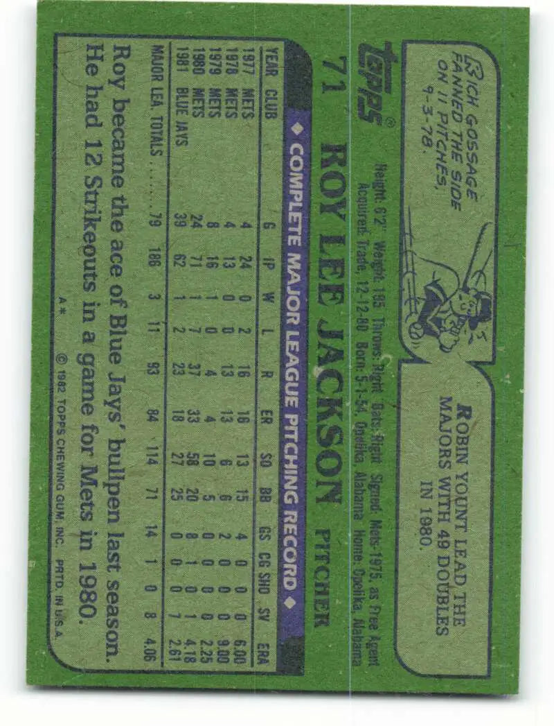 1982 Topps #71 Roy Lee Jackson EX Excellent Toronto Blue Jays Baseball Card - Baseball Card Single