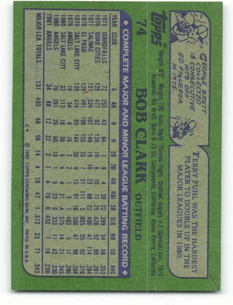 1982 Topps #74 Bobby Clark EX Excellent California Angels Baseball Card - Baseball Card Single