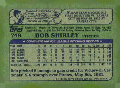1982 Topps Bob Shirley baseball card with player statistics showcasing Shirley baseball card