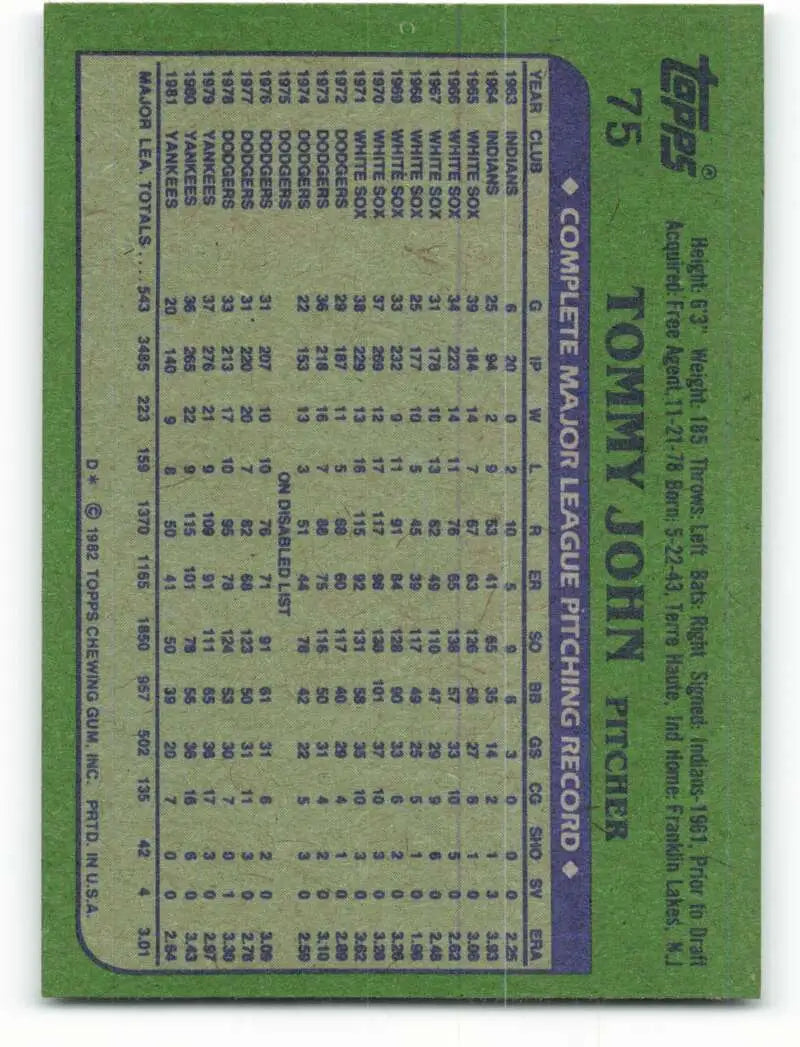 1982 Topps #75 Tommy John EX Excellent New York Yankees Baseball Card - Baseball Card Single