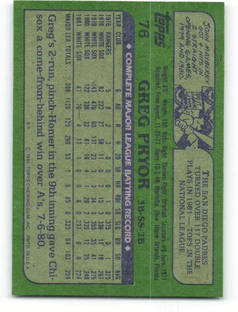 1982 Topps #76 Greg Pryor EX Excellent Chicago White Sox Baseball Card - Baseball Card Single
