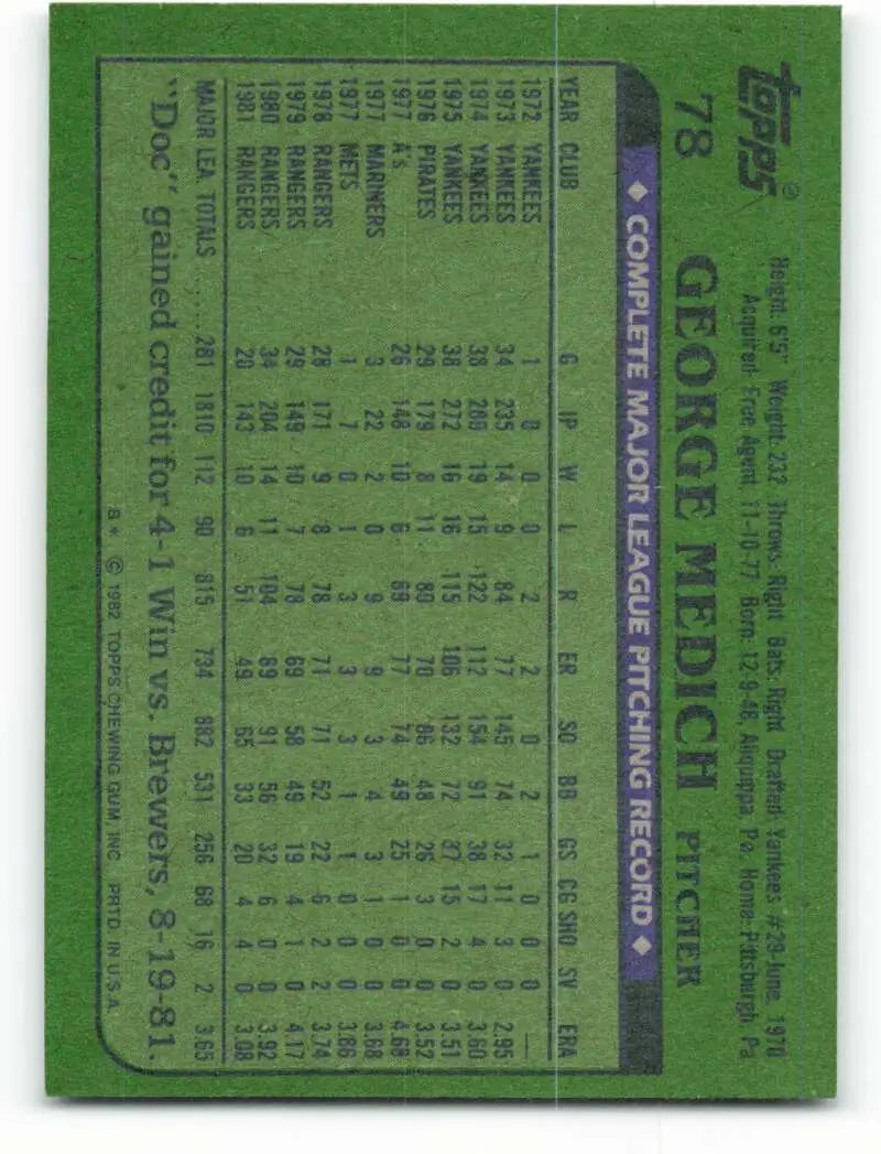 1982 Topps #78 Doc Medich EX Excellent Texas Rangers Baseball Card - Baseball Card Single