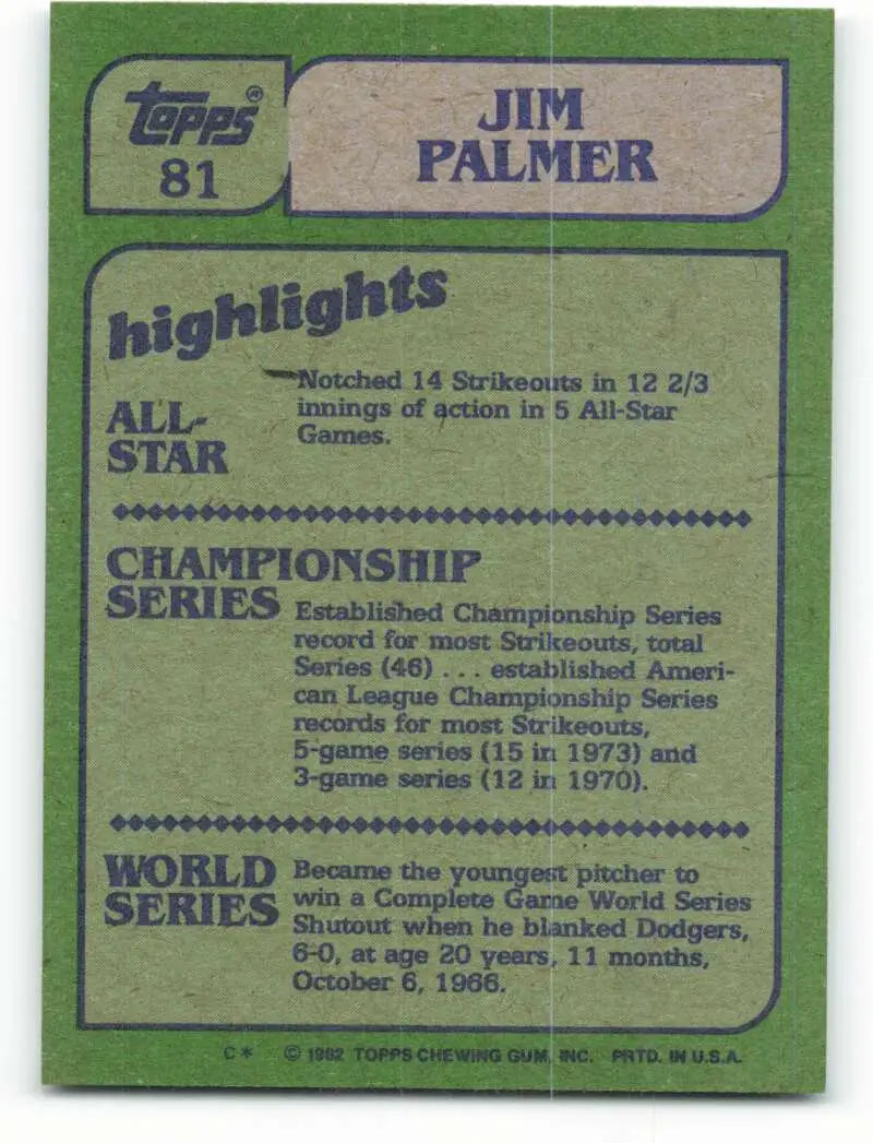 1982 Topps #81 Jim Palmer EX Excellent Baltimore Orioles Baseball Card - Baseball Card Single
