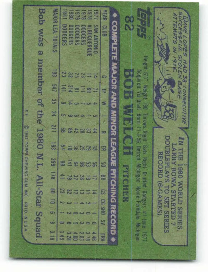 1982 Topps #82 Bob Welch EX Excellent Los Angeles Dodgers Baseball Card - Baseball Card Single