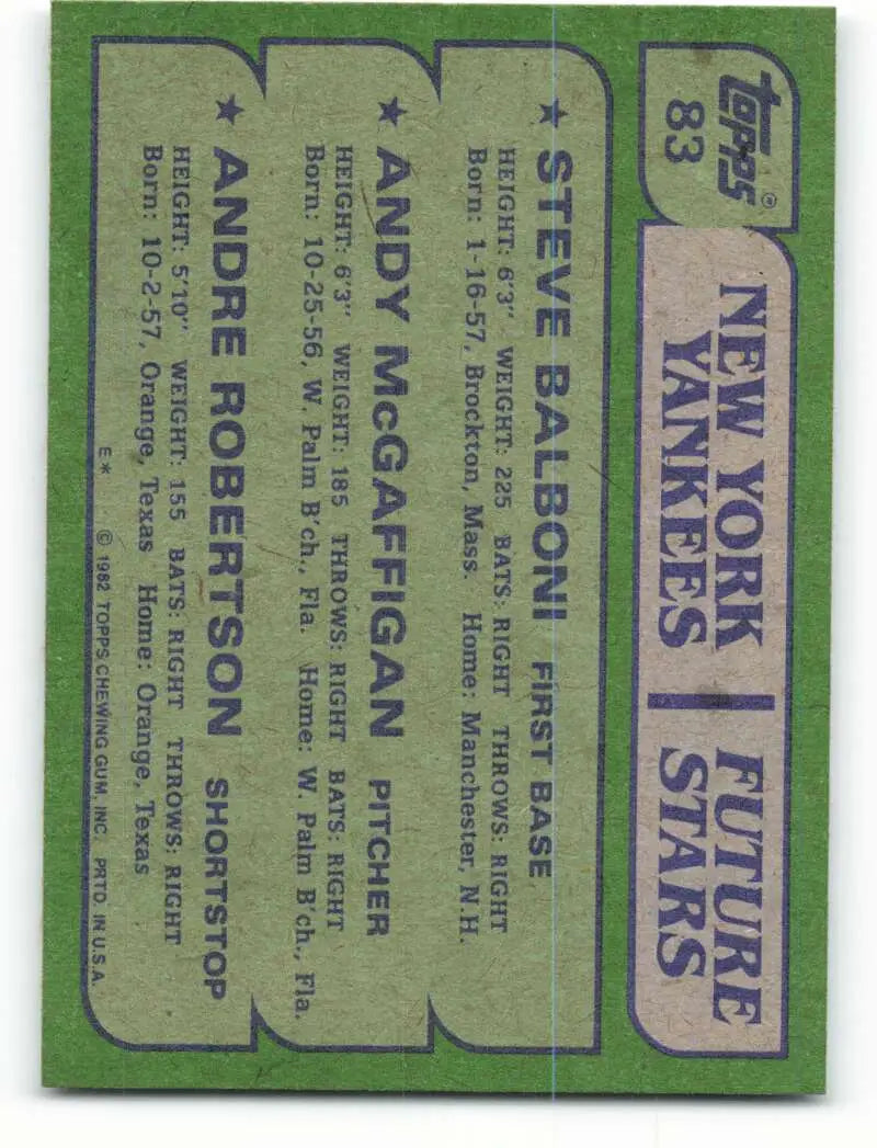 1982 Topps #83 Steve Balboni/Andy McGaffigan/Andre Robertson EX Excellent RC Rookie New York Yankees Baseball Card