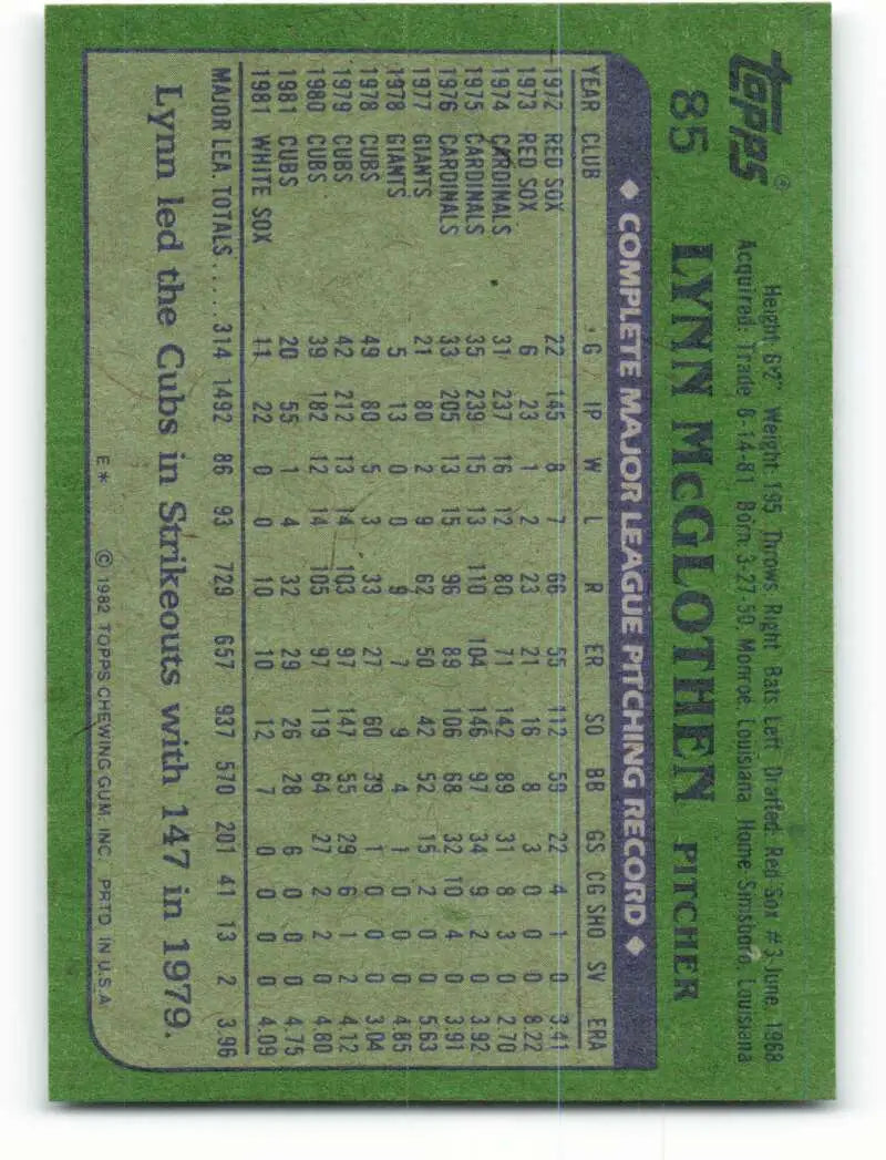 1982 Topps #85 Lynn McGlothen EX Excellent Chicago White Sox Baseball Card - Baseball Card Single