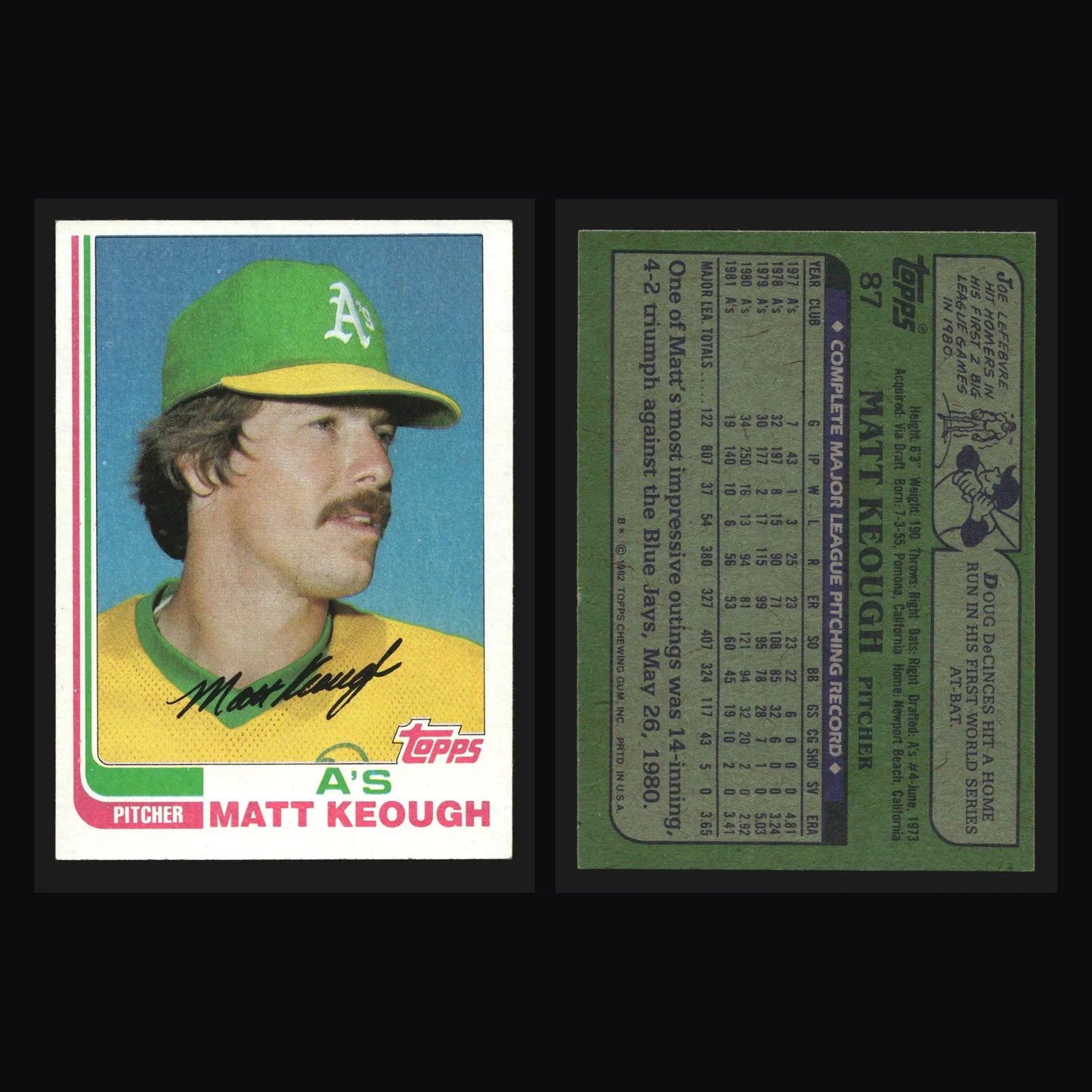 1982 Topps #87 Matt Keough Oakland Athletics - Baseball Card Single