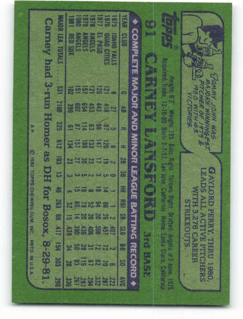 1982 Topps #91 Carney Lansford EX Excellent Boston Red Sox Baseball Card - Baseball Card Single