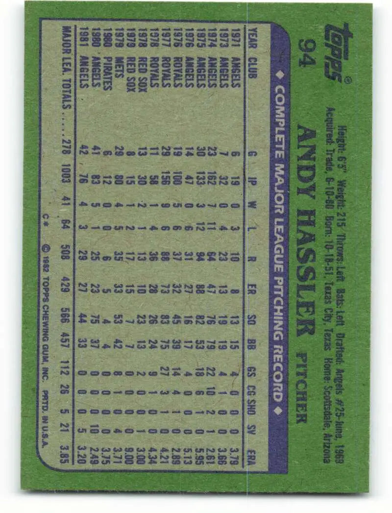 1982 Topps #94 Andy Hassler EX Excellent California Angels Baseball Card - Baseball Card Single