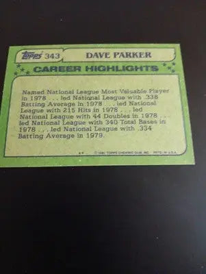 1982 Topps - All-Star Dave Parker #343. Pittsburgh Pirates. NRMT+