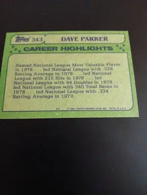 1982 Topps - All-Star Dave Parker #343. Pittsburgh Pirates. NRMT+